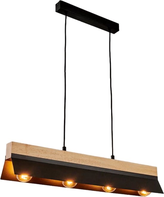 Plafondlamp maia, 4 lampen plafondlamp vintage, industrieel, retro, woonkamerlamp van staal in zwart en hout in natuur, keukenlamp, hanglamp - plafond met E27-fitting