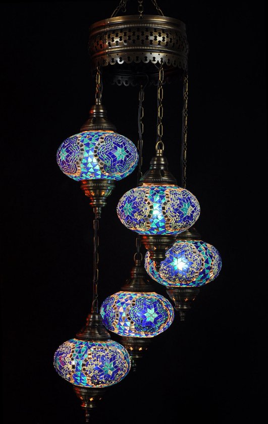 Hanglamp - blauw - 5 bollen - glas - mozaïek - Turkse lamp - oosterse lamp  - kroonluchter. | bol.com