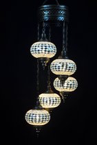 Suspension orientale en mosaïque blanche 5 ampoules (luminaire argenté)