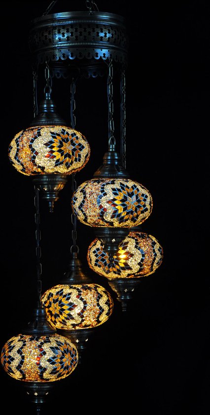 Hanglamp - bruin - glas - mozaïek - Turkse lamp - oosterse lamp - Marokkaanse lamp - kroonluchter - 5 bollen.
