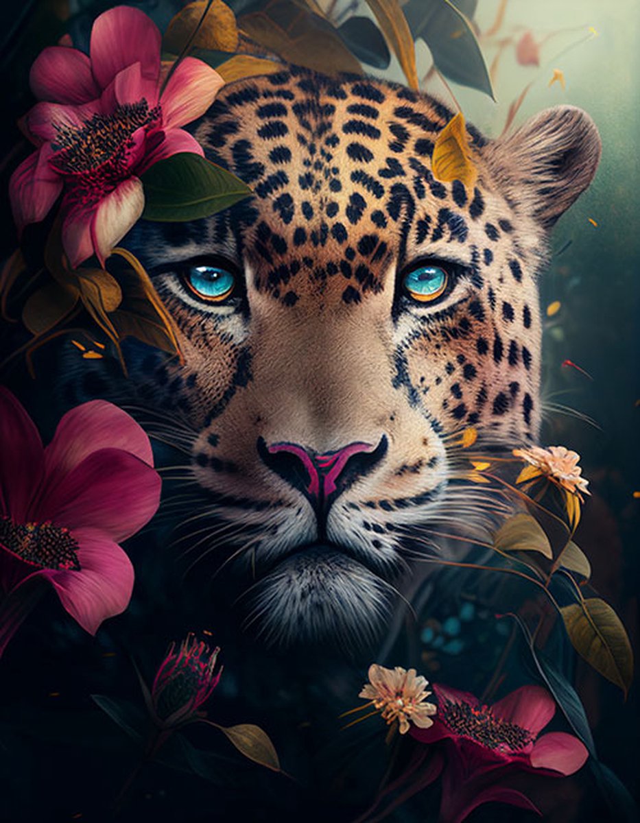 AI - Woondecoratie - Poster - Dieren - Tijger - Bloemen en jungle - 43 - 40 x 50 cm