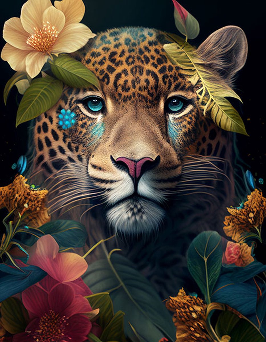 AI - Woondecoratie - Poster - Dieren - Tijger - Bloemen en jungle - 44 - 30 x 40 cm