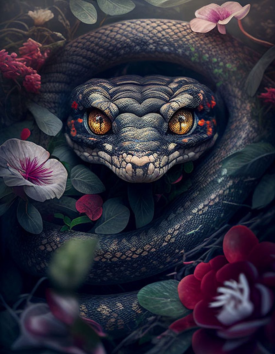 AI - Woondecoratie - Poster - Dieren - Slang - Bloemen en jungle - 47 - 60 x 80 cm