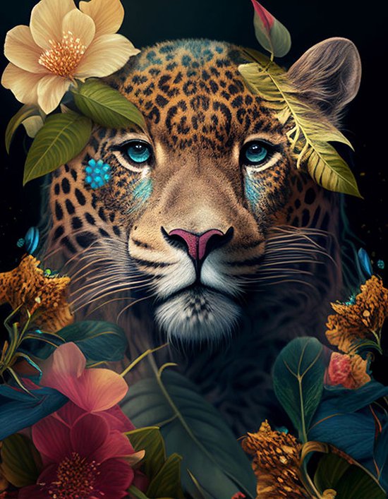 AI - Woondecoratie - Poster - Dieren - Tijger - Bloemen en jungle - 44 - 70 x 100 cm