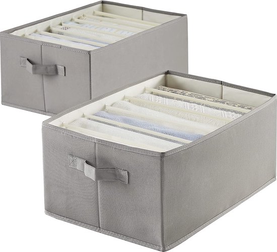 Boîtes de rangement pour jeans avec compartiments - Séparateur de cellules de garde-robe pour jeans et robes - Organisateur de tissu à tiroirs pliables (2 pièces 6 compartiments 44 x 30 x 20, gris)