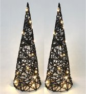 LED kegel/piramide kerstboom lamp - 2x st - zwart - rotan - H40 cm