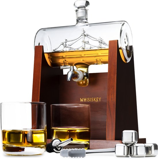 Whisiskey Whiskey Karaf - Whisky Karaf Set Zeilschip - 1L - Decanteer Karaf - Zeilboot - Whiskey Set - Incl. 4 Whiskey Stones, Schenktuit, tap & 2 Whiskey Glazen - Peaky Blinders