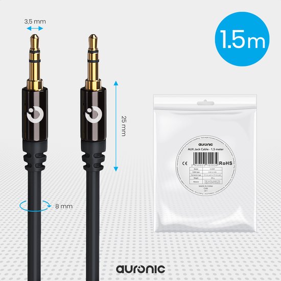 Zwarte 1,5 meter AUX-kabel met gouden 3,5 mm aansluitingen. Afmetingen: 25mm lang, 8mm breed.