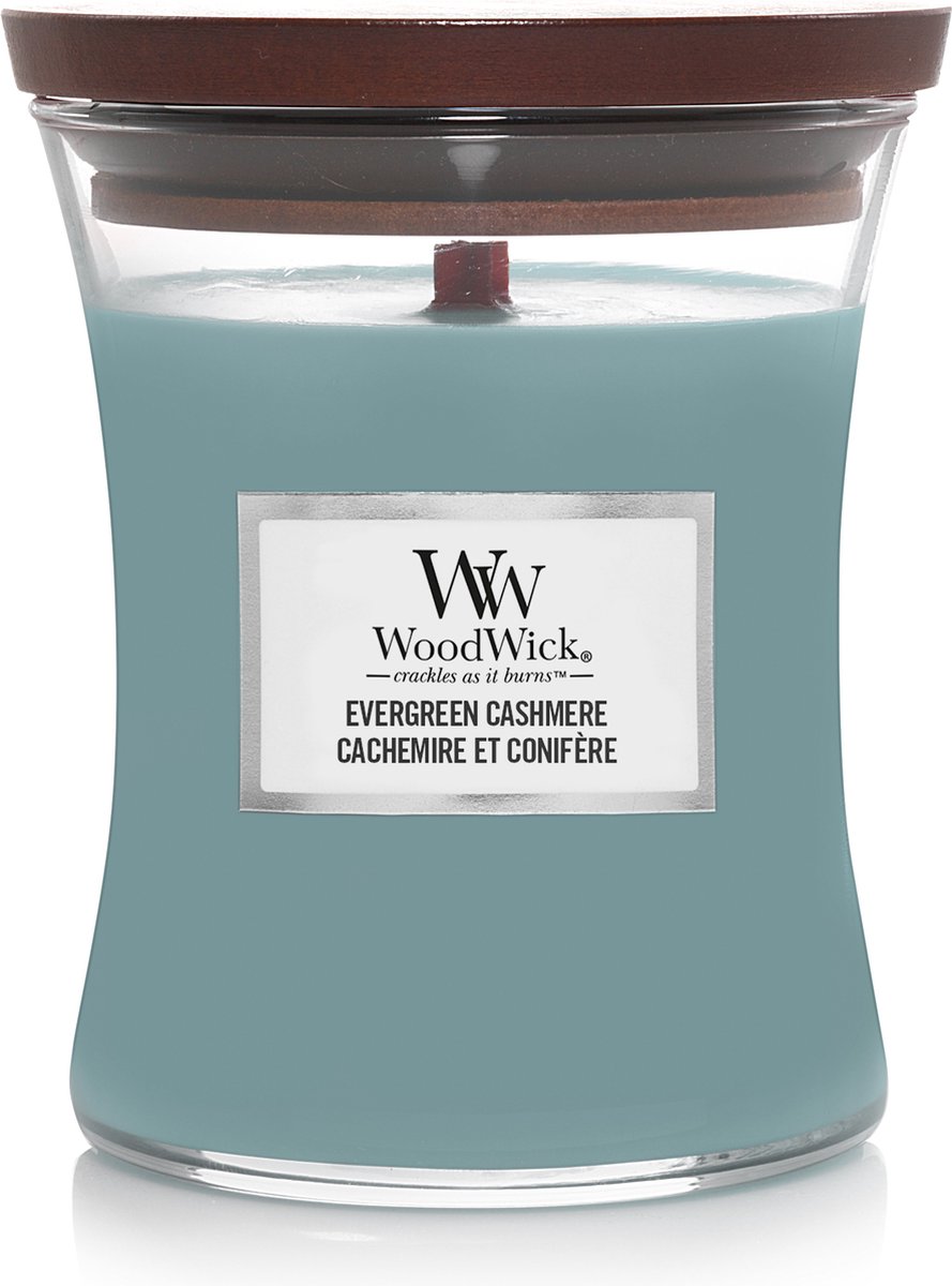 WoodWick Hourglass Medium Geurkaars - Evergreen Cashmere - 60 branduren Blauw