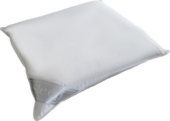 Coussin blanc avec une bande satinée 'iSleep' au coin.