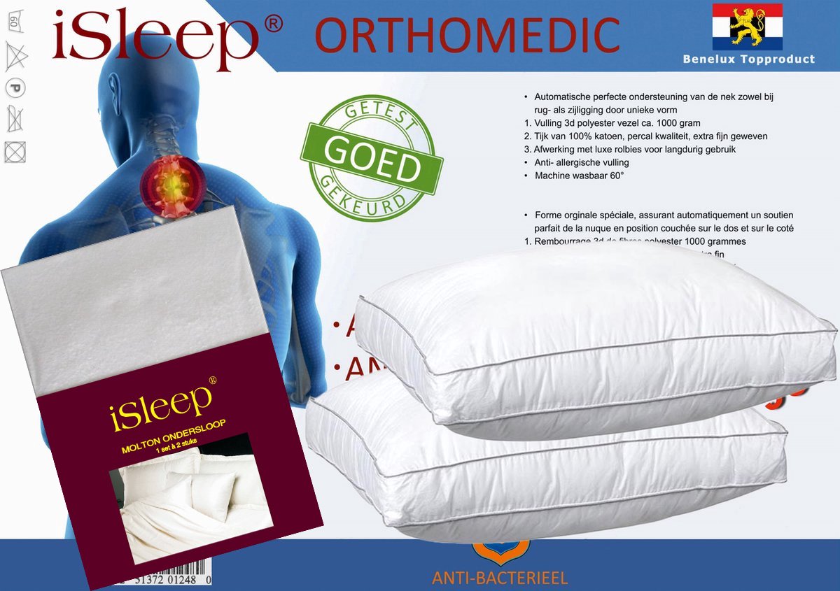 iSleep Orthomedic Hoofdkussen Set - (2 Kussens + 2 iSleep Moltonslopen) - Boxmodel - Anti-nekpijn - Anti-allergie - 50x60x10 cm - Wit