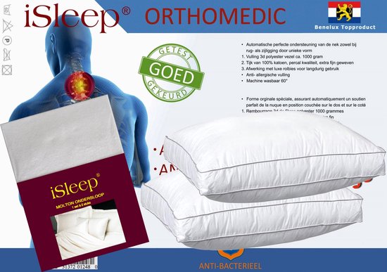 iSleep Orthomedic Hoofdkussen Set - (2 Kussens + 2 iSleep Moltonslopen) - Boxmodel - Anti-nekpijn - Anti-allergie - 50x60x10 cm - Wit