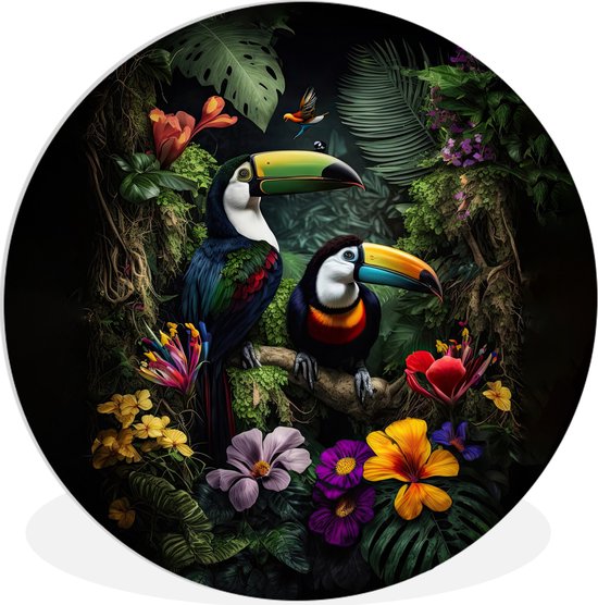 WallCircle - Wandcirkel 30x30 - Toekan - Bloemen - Tropisch - Jungle - Vogel - Ronde schilderijen woonkamer - Wandbord rond - Muurdecoratie cirkel - Kamer decoratie binnen - Wanddecoratie muurcirkel - Woonaccessoires