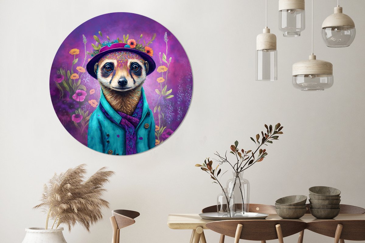 WallCircle® Wandcirkel 140x140 cm - Muurcirkel Meerkat - Bloemen - Verf - Paars - Portret 
