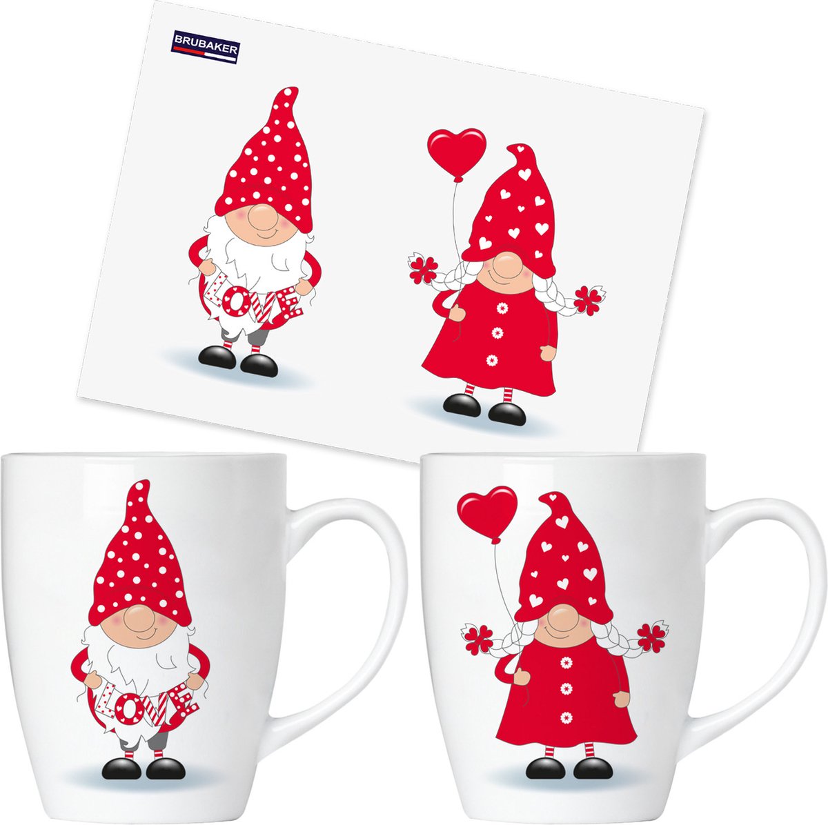 BRUBAKER Koffiemokken met verliefde dwergen met wenskaart - koffiemok voor Valentijnsdag Kerstmis kerstkabouter - 300 ml kabouterkopjes cadeauset - hartdwergenset in geschenkdoos - Love Gnome