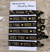 1 Bride en 5 Bride Tribe armbanden zwart met goud - bride to be - bride tribe - vrijgezellenfeest - vrijgezellenavond - armband - haaraccessoire