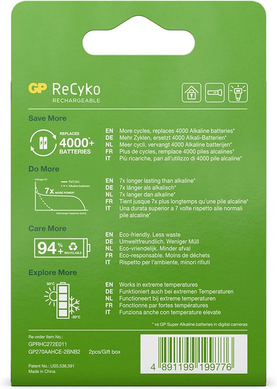 GP Batteries 270AAHCE-2WB2, Batterie rechargeable, AA, Hybrides nickel-métal (NiMH), 1,2 V, 2 pièce(s), 2600 mAh