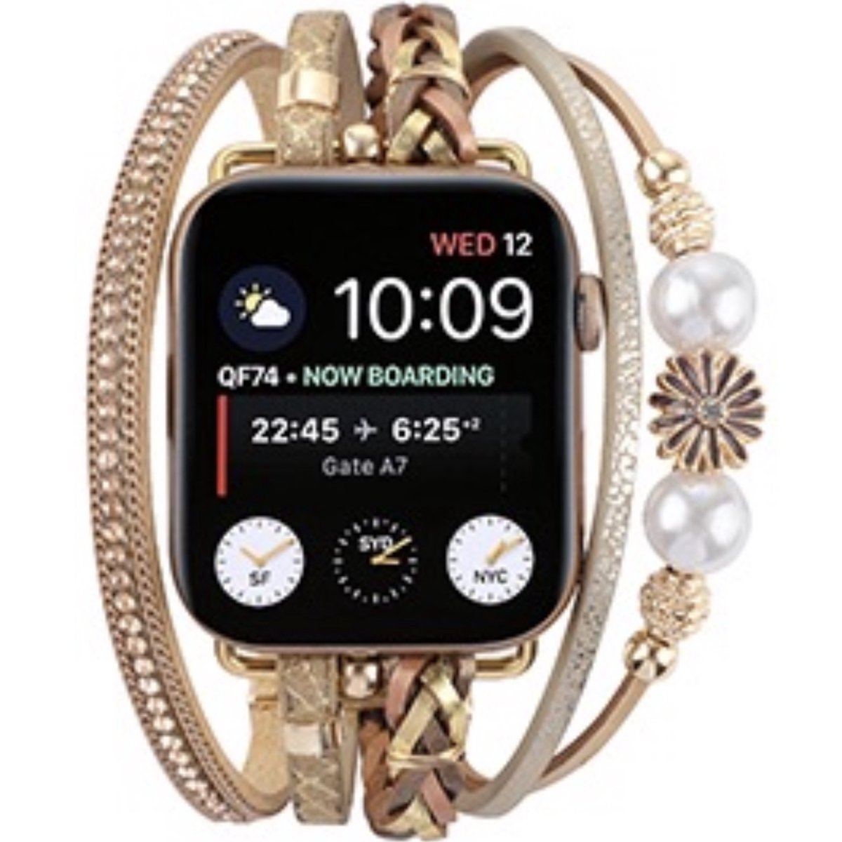 Applewatch -Bohemian flower style horlogebandje-42-44-45 mm leer en kralen