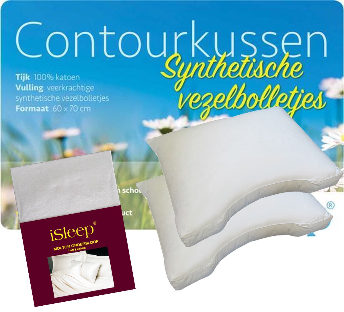 iSleep Contourkussen Set (2 Kussens + 2 iSleep Moltonslopen) - Vezelbolletjes - 60x70 cm - Wit
