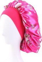 Hot Pink Sleep Night Cap with Floral Print - Wide Band Satin Bonnet.