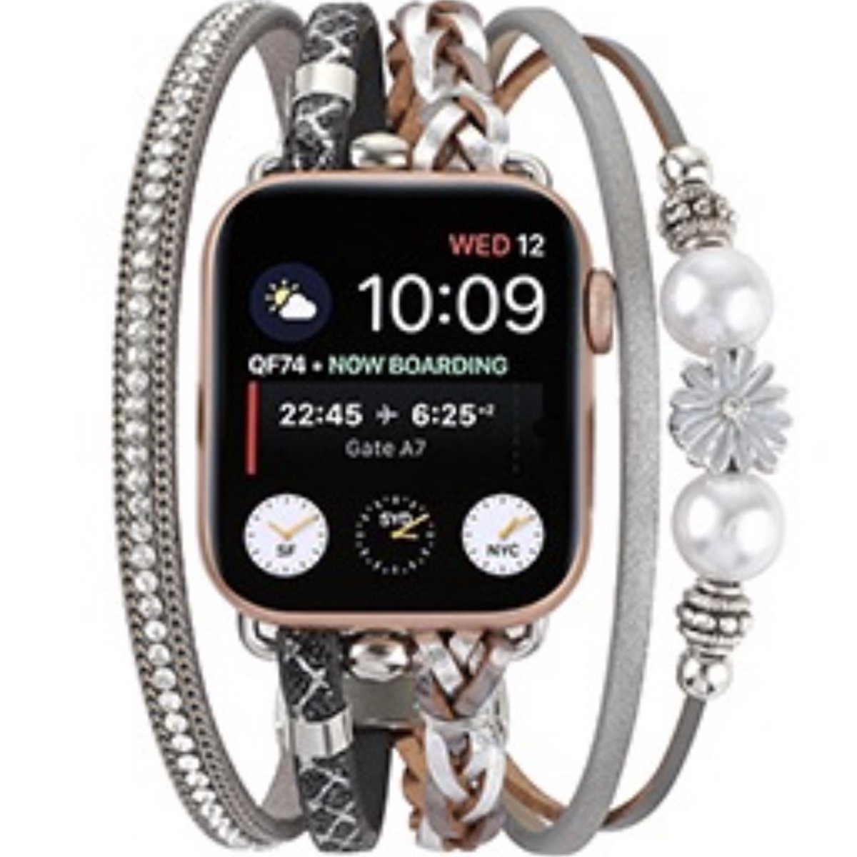 Applewatch -Bohemian flower style horlogebandje-38-40-41 mm leer en kralen
