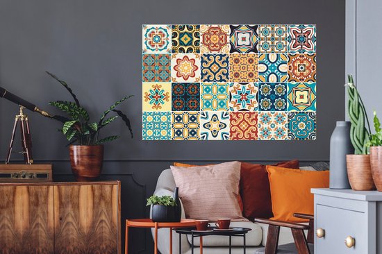 Stickers muraux - Sticker Foil - Fleurs - Vintage - Motif - Blauw - Oranje - 120x80 cm - Film Adhésif - Stickers muraux Muraux Chambre Enfant - Papier Peint Auto Adhésif