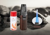 Turbo Torch Aansteker - Gasbrander - Cadeau - Luxueus - Vuurwerk brander - Voor Crème Brûlée of BBQ - Sigaar aansteker - Windproof - Sigaren - Walnoothout met grijze metalen behuizing - Met Gasfles 250ml