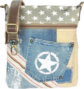 Sunsa - schoudertas voor dames. Duurzame tas gemaakt van gerecycled jeans & canvas. Vintage veganistische schoudertas. Kleine cross-over tas