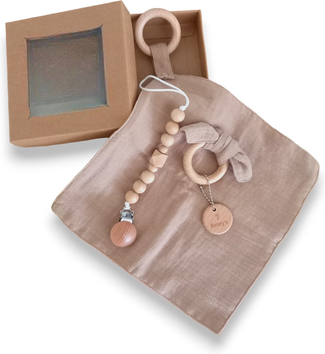 Rosey’s® Baby Giftset Taupe – Kraamcadeau Unisex – Bijtring, Speenkoord & Knuffeldoekje – Baby Cadeau Set 0 Jaar – Babyshower / Geboorte Geschenk – foto 3