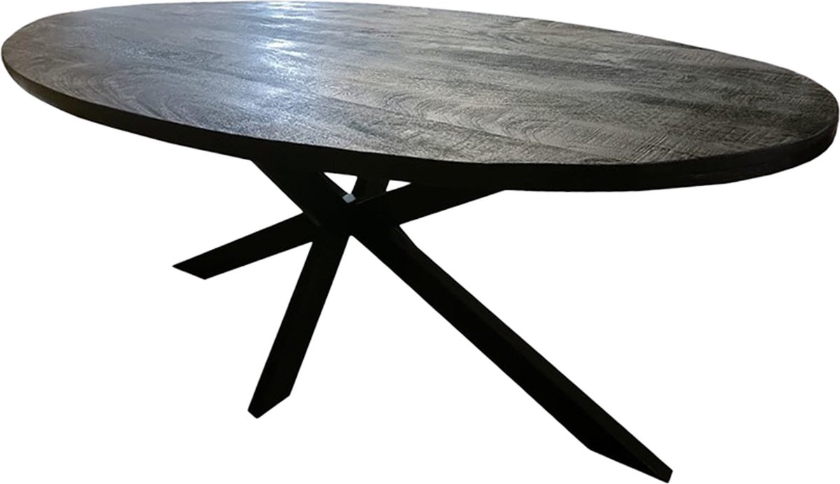 Ovale Eettafel - Zwart Mangohout - 160x90x76cm - Spinpoot Metaal - Mat Gelakt