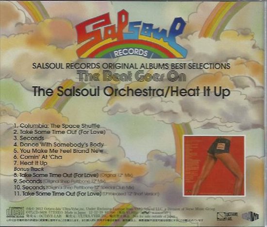 Albumhoes met de titel 'The Beat Goes On' van The Salsoul Orchestra. De hoes toont wolken, regenboogen en een tracklist. Een kleine afbeelding van een vrouw in een spijkerbroekje is zichtbaar.