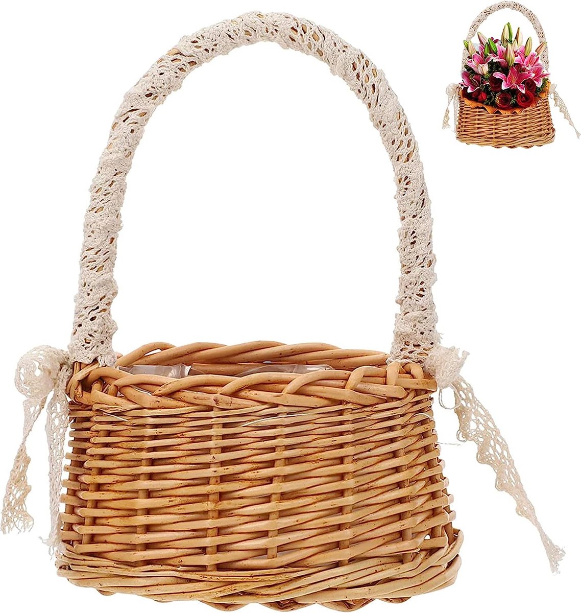 Petit panier de rangement en rotin tissé avec dentelle sur l'anse