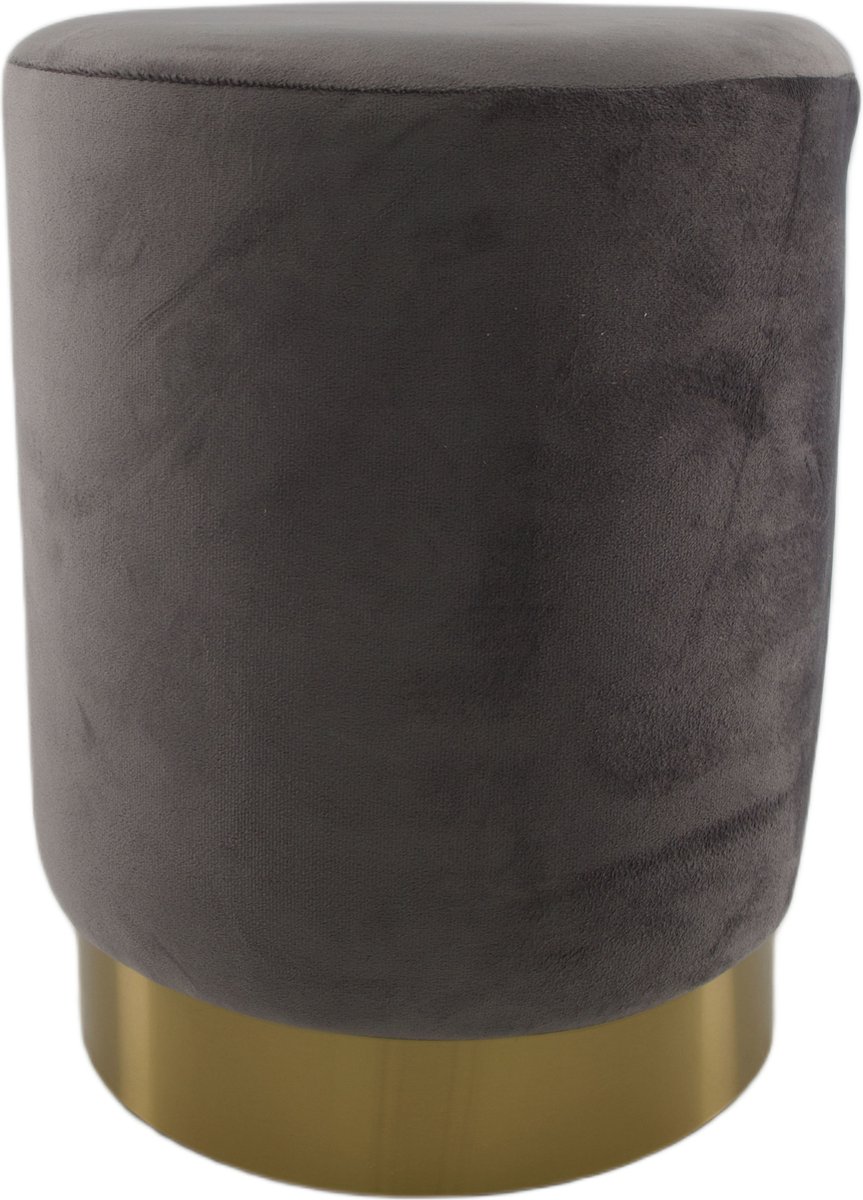 Home Spirit kruk rond 28 x 28 x 36 cm. poef grijs velours goud