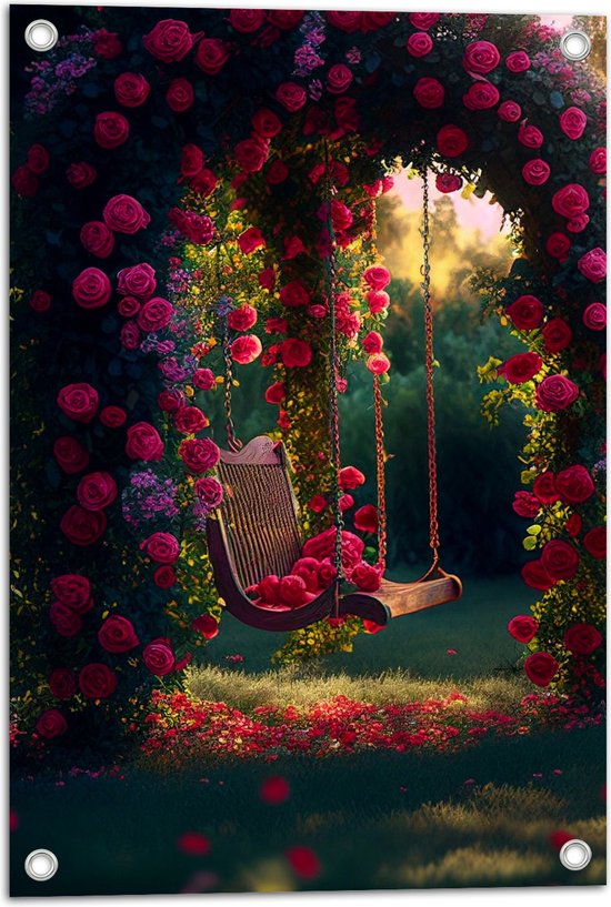 Tuinposter – Romantische Schommel aan Roze Bloemenboog - 40x60 cm Foto op Tuinposter (wanddecoratie voor buiten en binnen)