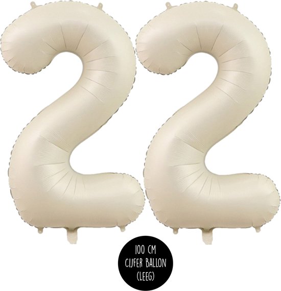 Cijfer Helium Folie ballon XL - 22 jaar cijfer - Creme - Satijn - Nude - 100 cm - leeftijd 22 jaar feestartikelen verjaardag