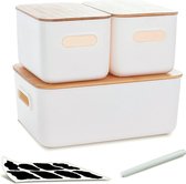 Set van 3 opbergdozen met bamboe deksels, witte plastic opbergdozen voor organisatie, stapelbare opbergdoos met handvat voor keuken, badkamer