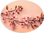 PVC Schuimplaat Ovaal - Roze Kersenbloesem Tak op Koraalkleurige Achtergrond - 28x21 cm Foto op Ovaal (Met Ophangsysteem)