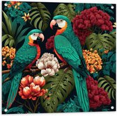 Tuinposter – Schilderij van Twee Papegaaien tussen de Kleurrijke Bloemen en Planten - 80x80 cm Foto op Tuinposter (wanddecoratie voor buiten en binnen)