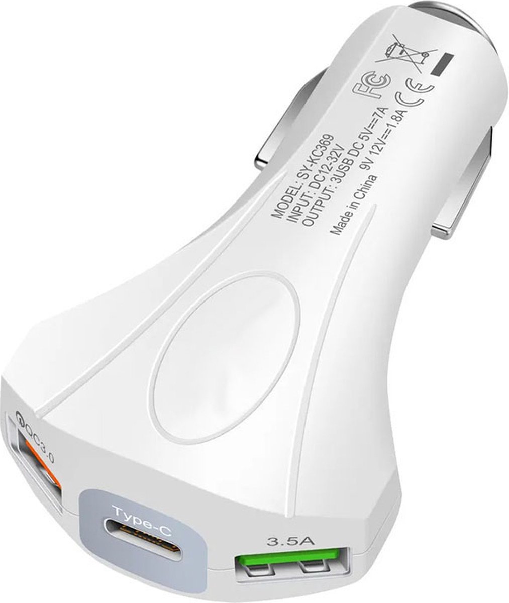 Autolader met 3 USB Poorten - Quick Charge 3.0 - 3.5A - USB Oplader - Wit