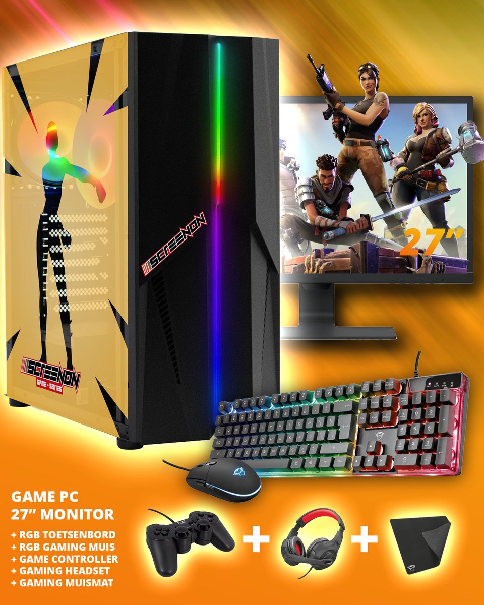 ScreenON - Complete Fortnite Gaming PC Set - X18899 - V2 ( Game PC X18899 + 27 Inch Monitor + Toetsenbord + Muis + Controller )