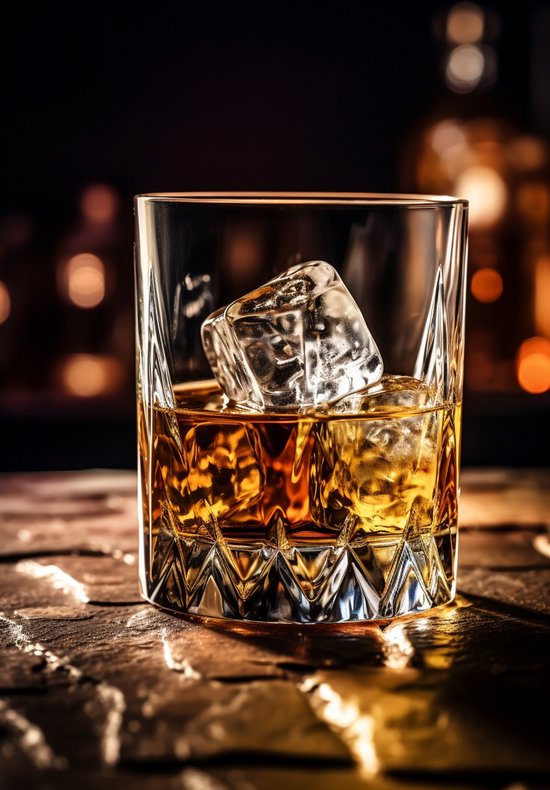 Whiskey Poster | Poster Whiskey glas | Whisky Drank | Drank poster | Whiskey marmer | Poster Bar| Whiskey met ijsblokjes | Gentleman Poster | 50x70cm | S498 | Geschikt om in te lijsten