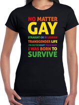 Bellatio Decorations Gay Pride t-shirt met tekst - dames - zwart - Born to survive - LHBTI/LHBTIQ L
