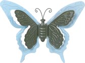 Mega Collections tuin/schutting decoratie vlinder - metaal - blauw - 24 x 18 cm