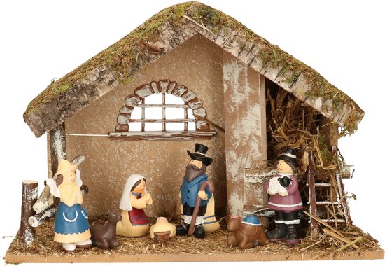 Kinder kerststal compleet - 7x kerststal beelden - hout en polyresin - 42 x 19 x 30 cm