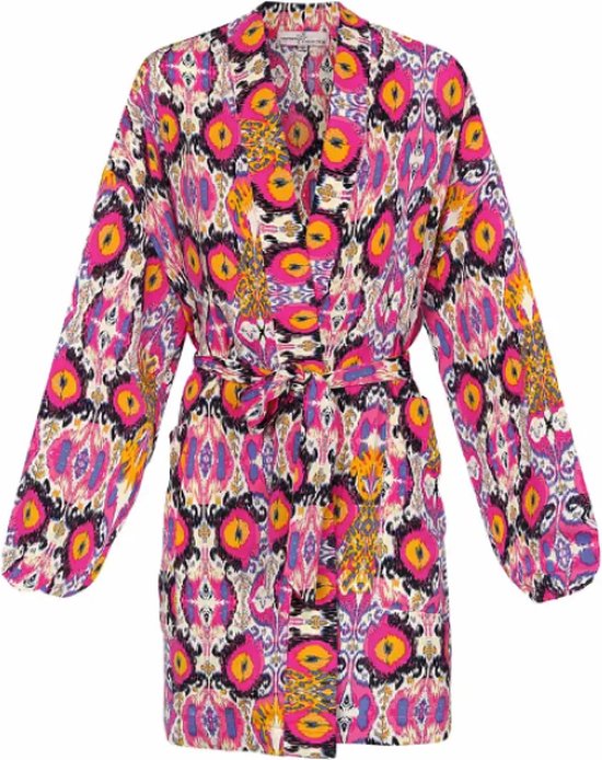 Kimono - Jasje - Bloemen - Kort Model - Blauw/Roze/Geel - Maat M