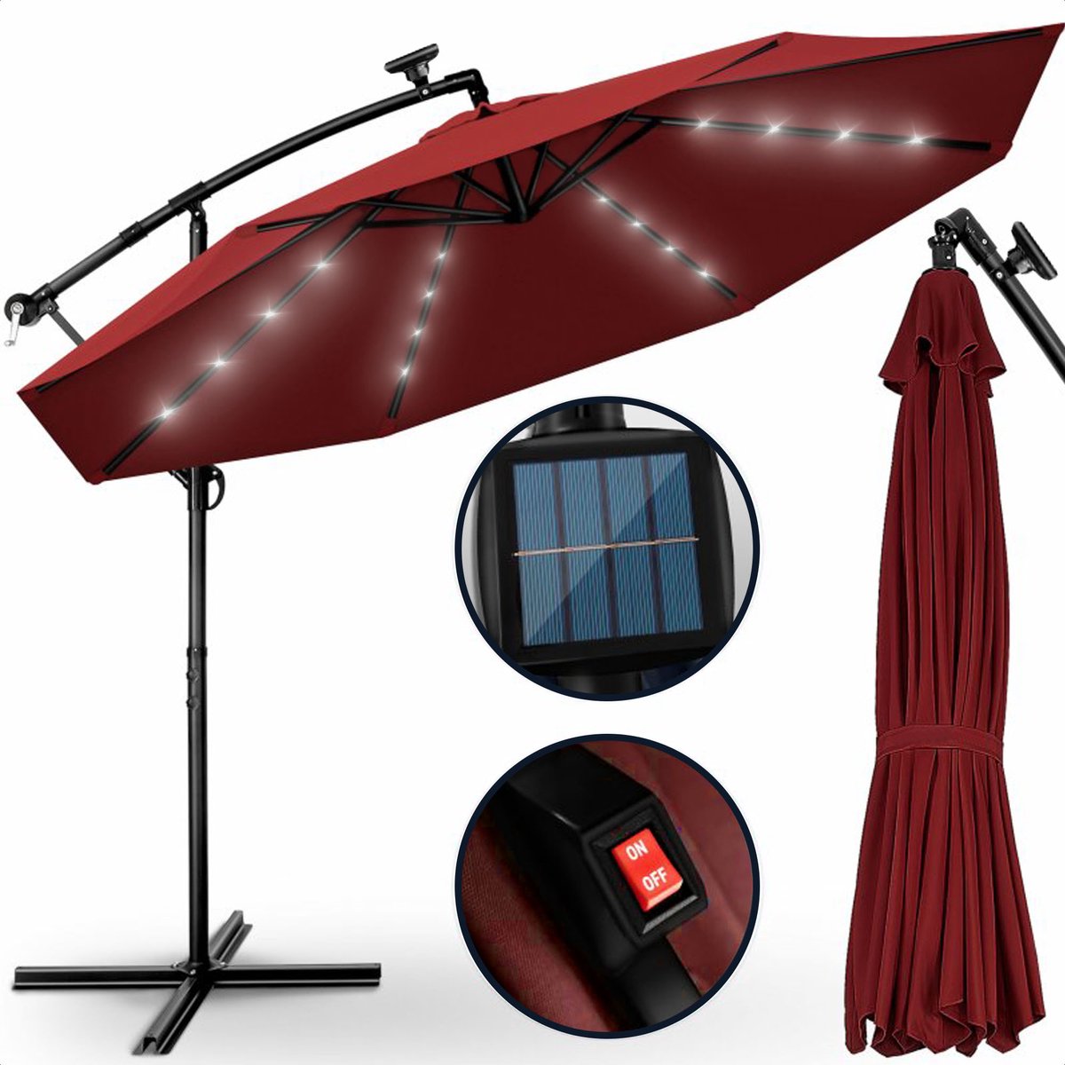 Coazy Solar LED Zweefparasol Waterdicht - Parasol - Parasols - Ø 300cm - 3m - met voet - Tuinparasol - Zonne-energie
