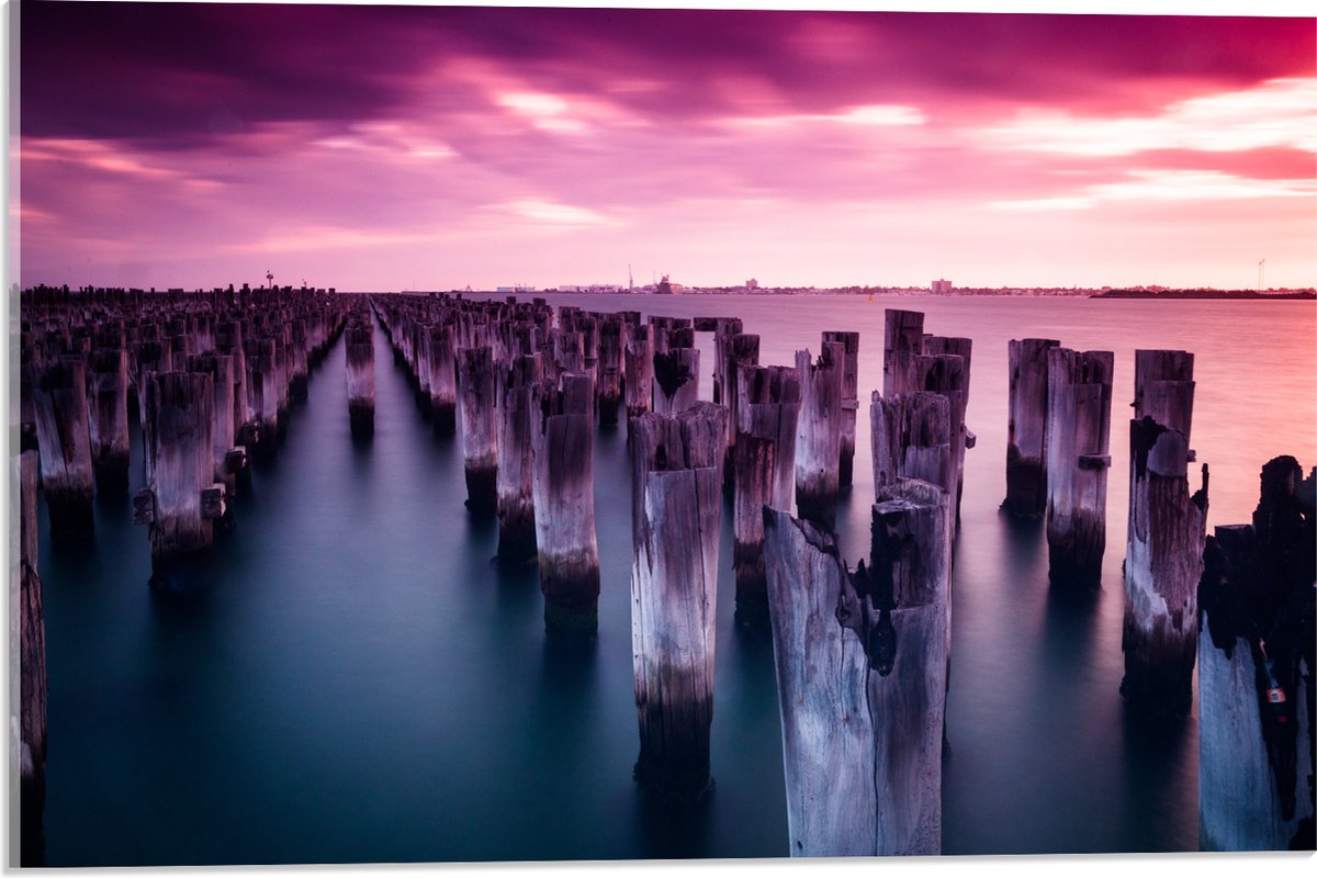 Acrylglas - Palen - Water - Hout - Zee - Kleuren - 60x40 cm Foto op Acrylglas (Wanddecorat