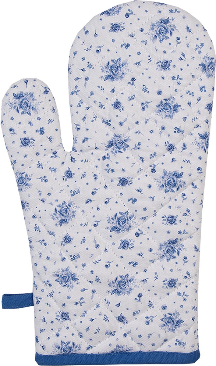 Clayre & Eef Ovenwant 18x30 cm Wit Blauw Katoen Roosjes