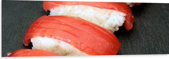 Dibond - Rij Sushi Stukken met Tonijn - 150x50 cm Foto op Aluminium (Met Ophangsysteem)