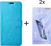 Bookcase Turquoise Geschikt voor Samsung Galaxy A14 (4G & 5G) - Portemonnee hoesje met 2 stuk Glas Screen protector - ZT Accessoires